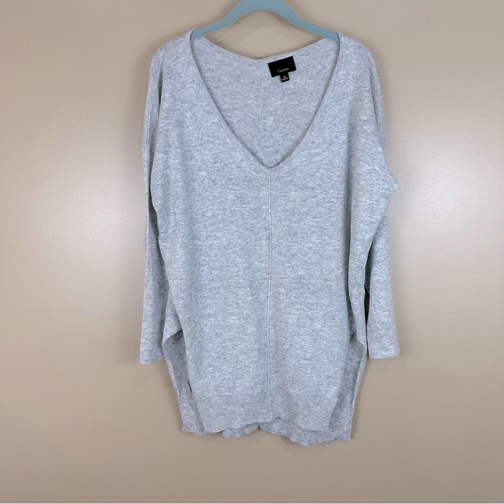Lumiere Gray Deep V-Neck Off Shoulder Tunic Sweater M Casual Boho Oversized